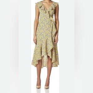 Max Studio Dress Women XS Yellow Floral Print V-Neck Sleeveless Ruffle Wrap Midi